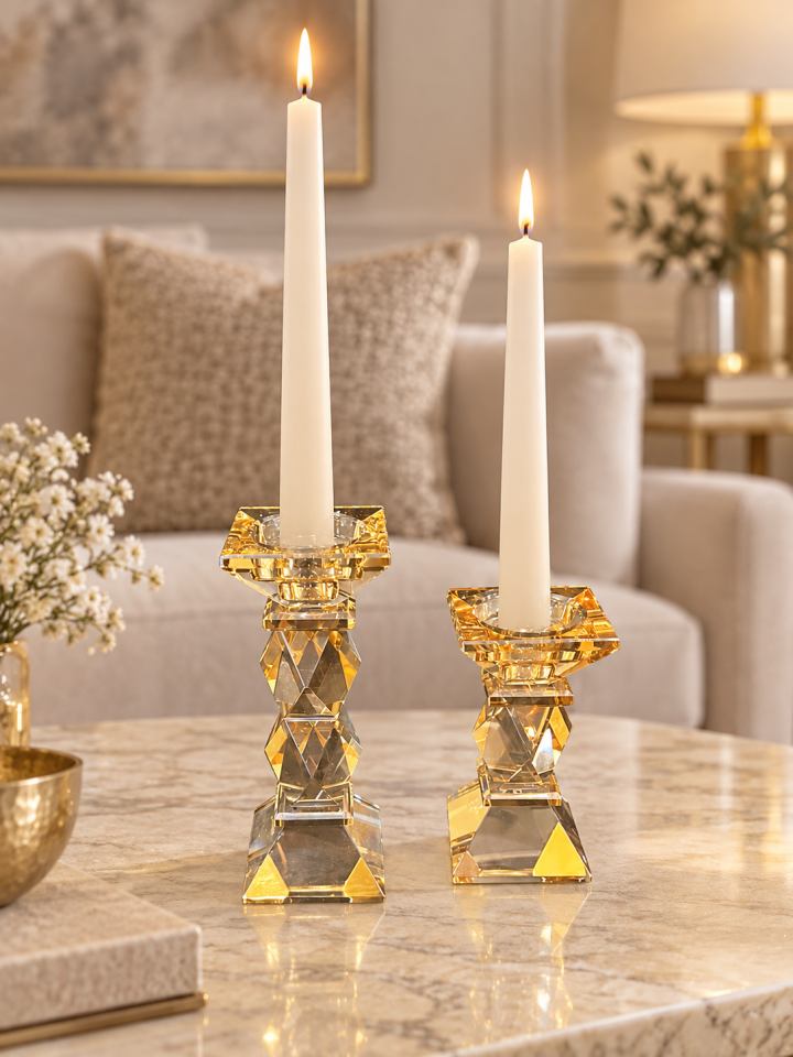 Amber Geometrik Dekoratif Şamdan 2'li Set