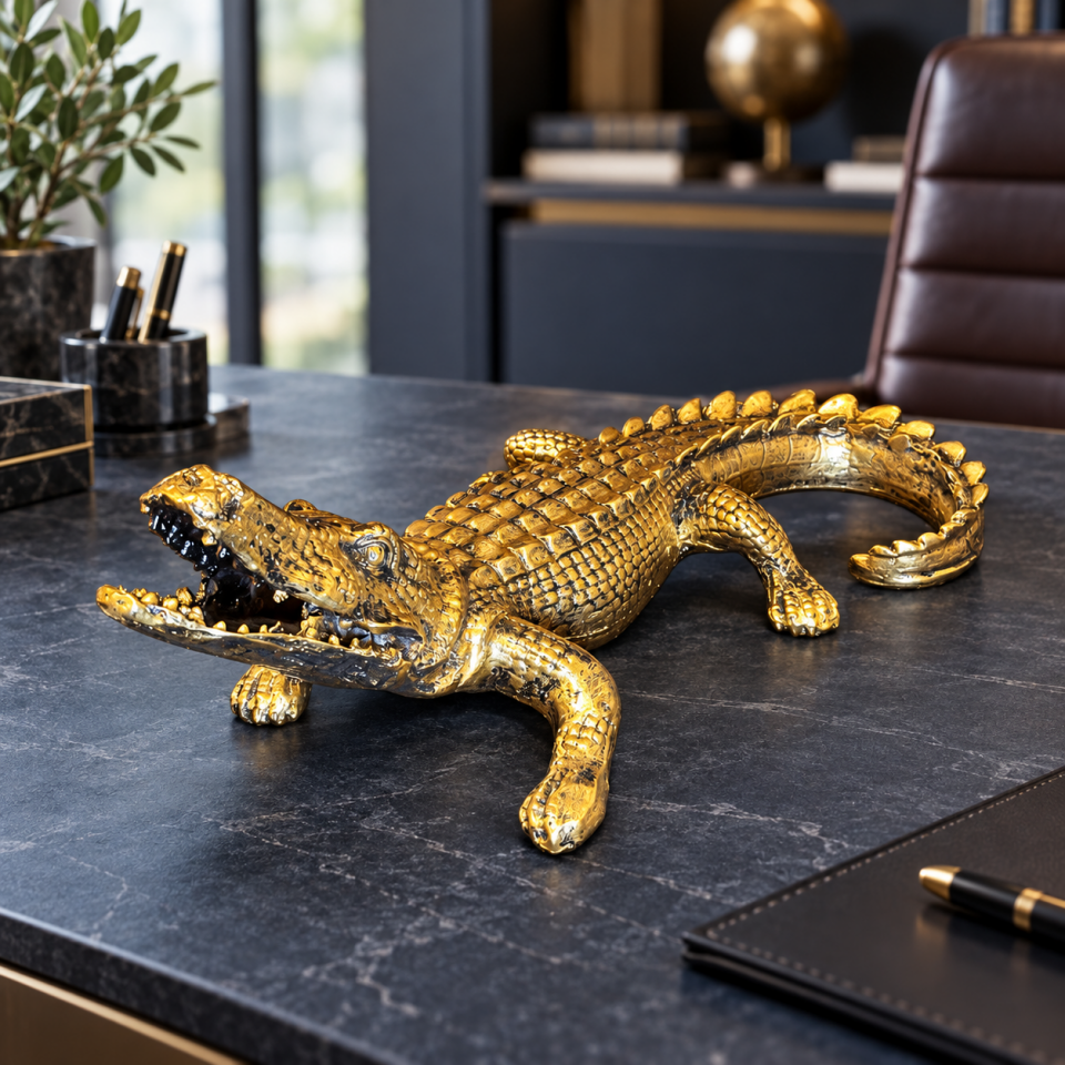 Eskitme Gold Timsah Figürlü Dekoratif Obje 40 cm