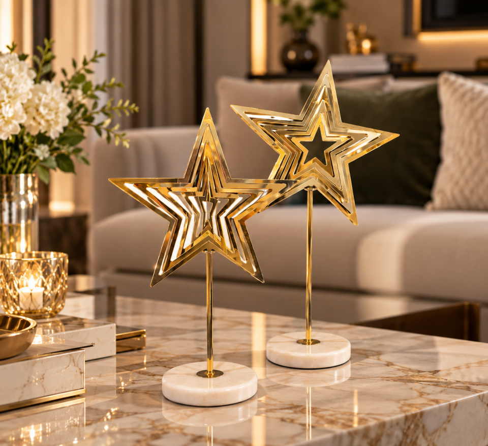 3 Boyutlu Gold Yıldız Dekoratif Obje İkili Set – Mermer Tabanlı