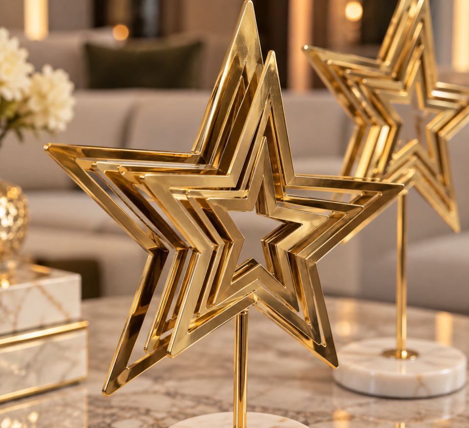 3 Boyutlu Gold Yıldız Dekoratif Obje İkili Set – Mermer Tabanlı