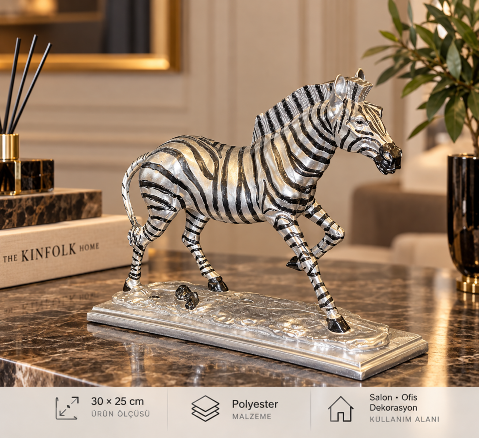 Gümüş Gri Dekoratif Zebra Biblo – Polyester Modern Obje 30x25 cm
