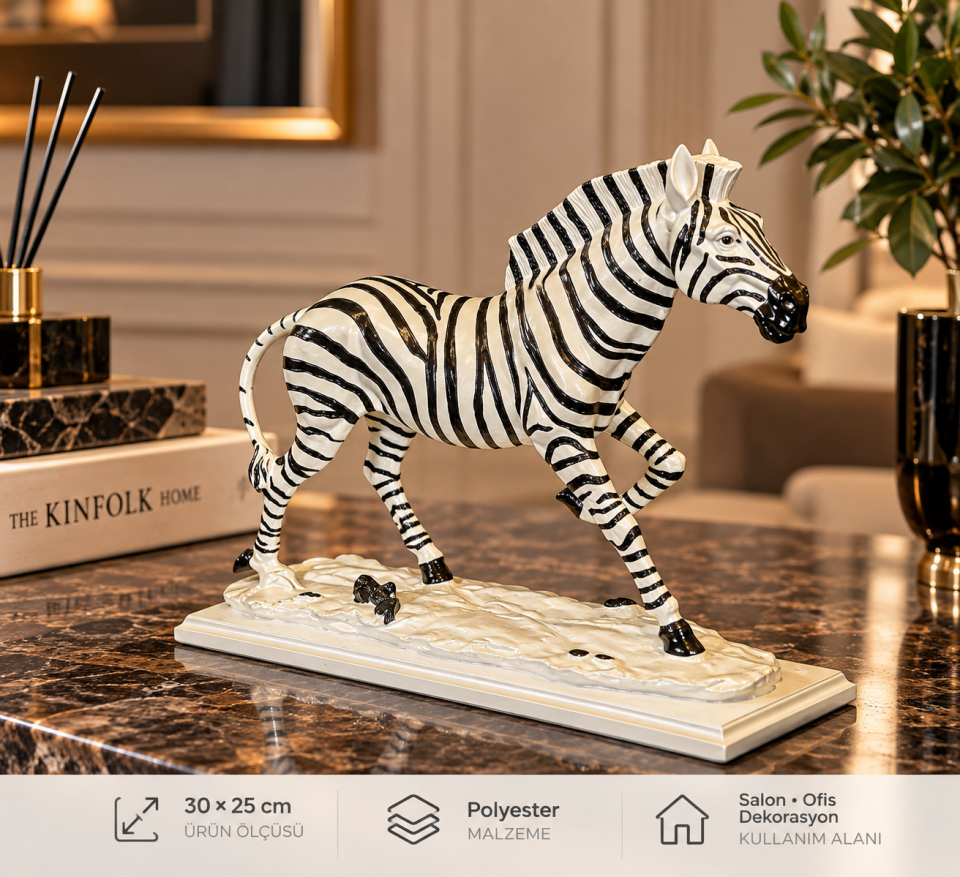 Siyah Beyaz Dekoratif Zebra Biblo – Polyester Modern Obje 30x25 cm